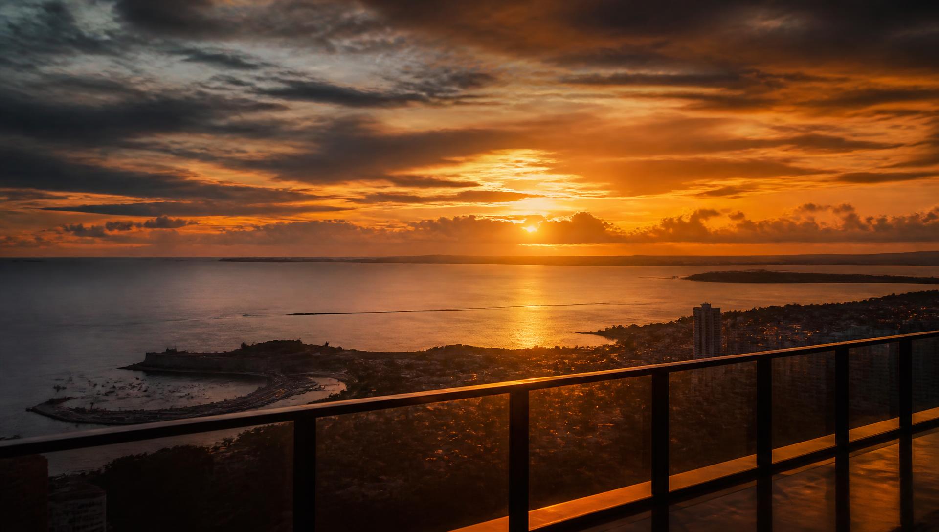Entardecer sobre a baía de Salvador visto de um terraço em altura
